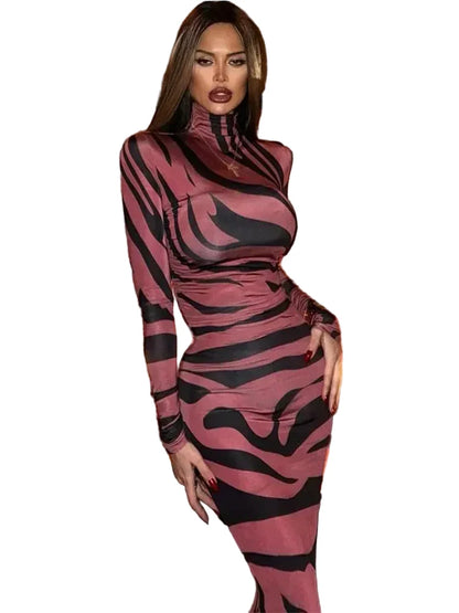 🍒Rooi gestreepte lang rok dames noupassende skilpadnek sebraprint maasuitrusting klubdrag partytjie geleentheidsdrag klere                       Catwalk Your Tiger