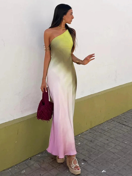 🍒Summer party maxi dress backless satin one shoulder occasion party wear sundress sleeveless print tie-dye outfit Keep A Straight Pose In This Cool Diagonal
