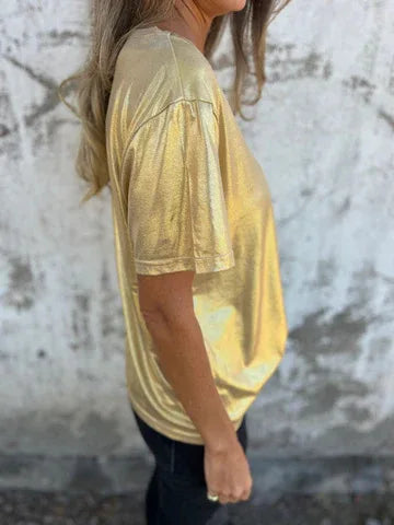 🍒Metaalagtige los top blink kortmou T-hemp dames spesiale geleentheid tops goud T-hemp o-nek mode slim gemaklike damesklere Top 'Talic Tee