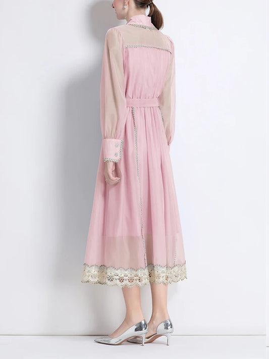 🍒Lace lapel dress single breasted shirt dress long sleeved loose outfit midi fashionable women's clothing party occasion wear Pink Up Your Pretty