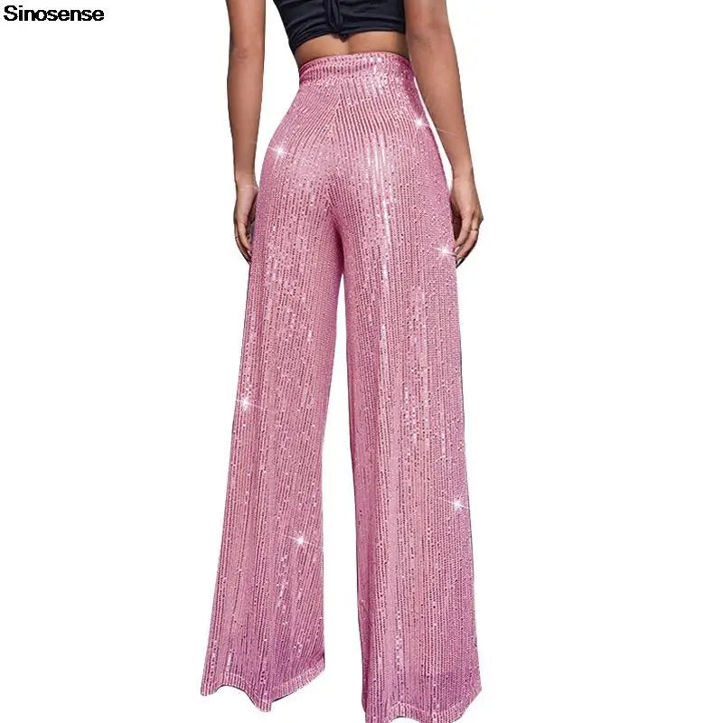 🍒Hoë middellyf sequin-broeke vonkel los gemaklike wyepypbroek klokonderkant-broeke glinster klubdrag partytjiedrag Alles Vonkel In Glans En Glans
