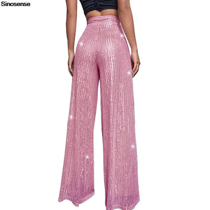 🍒Hoë middellyf sequin-broeke vonkel los gemaklike wyepypbroek klokonderkant-broeke glinster klubdrag partytjiedrag Alles Vonkel In Glans En Glans