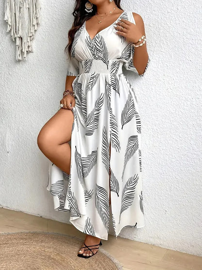 🍒Plus size cold shoulder dress printed womens casual v-neck vacation outfit beach big swing split long summer fashion wear Dont Leaf This One Out