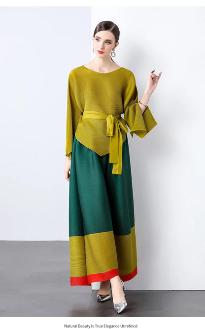 🍒Fashion two-piece sets Loose Irregular hem top pleated patchwork top with belt and  wide-Leg matching pants Your Mouth Will Be Wide Open When You Receive This Cherry  please note some colours are not matched to colour just order as you see what you like