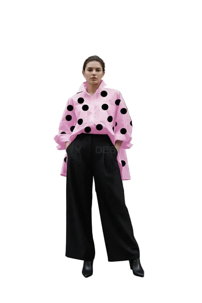 🍒Long sleeve polka dot shirt cotton Button Up high low blouse designer style clothing holiday wear chic fashion wear for women black and white fashion Delightful Dots