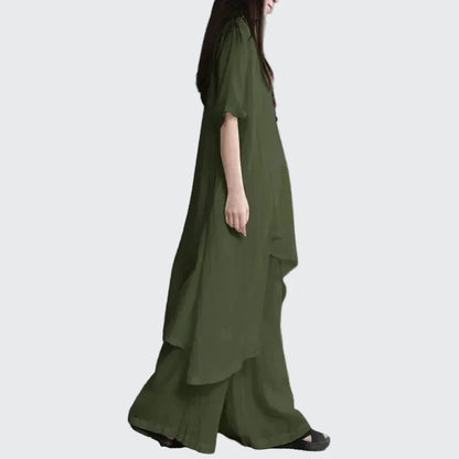 🍒Two-piece set for women shirts and pants outfit holiday cotton linen style wide leg trousers and asymetric top short sleeve blouse suit summer clothing  Layback Loose Linen-y Lovely