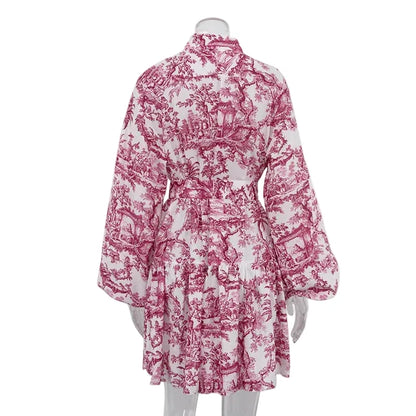 🍒Printed mini dress long sleeve clothes for hot weather o-neck outfit a line flare short china print smart casual female clothes fashion beach party wear holiday wear  Drink Cocktails In Your China