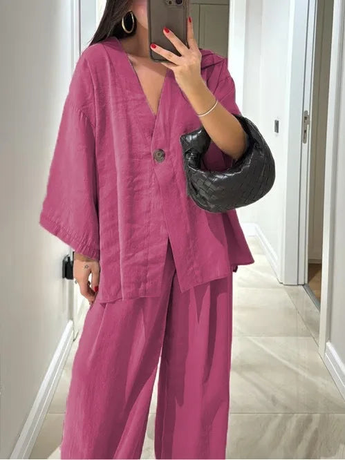 🍒Informele broekpak vir vroue, elegante langmou-uitrusting, enkelkleur wyebeenbroek en baadjie-stel, lente somer mode los tweestuk-partytjie-pajamas