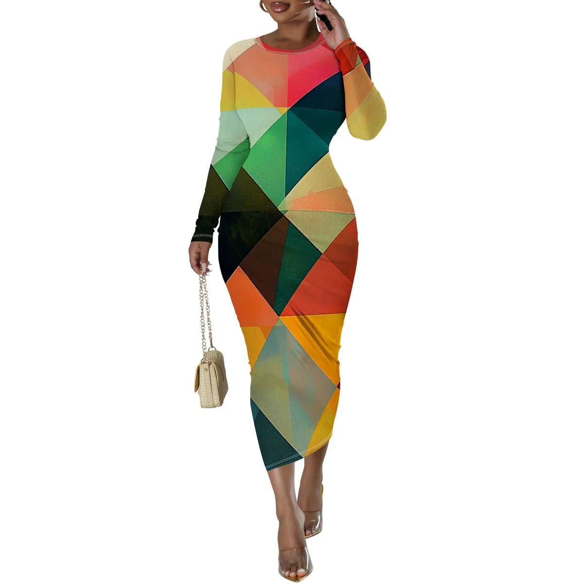 🍒Plus size geometric midi dress full sleeve bodycon women's party vacation outfit bright color clothes date night workwear Drink Wine In A Cut Glass
