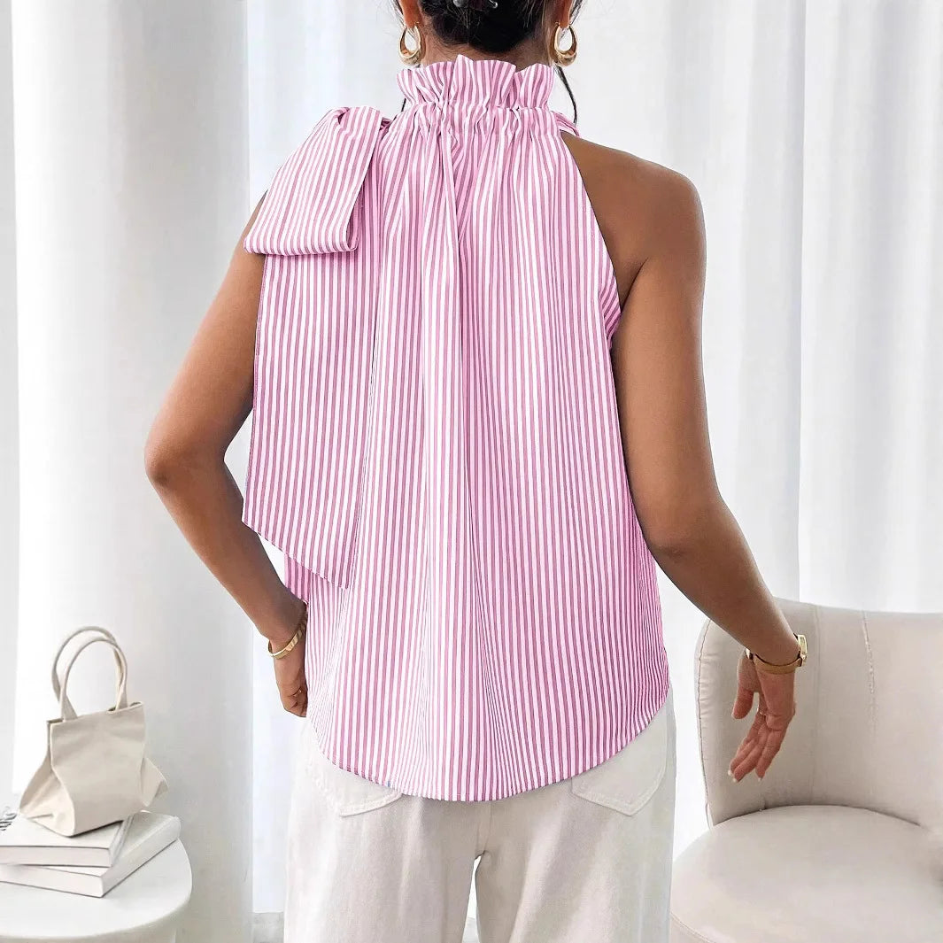 🍒Women shirts sleeveles sweet stripe blouse cute printed summer tops tie bow smart casual attire ladies
