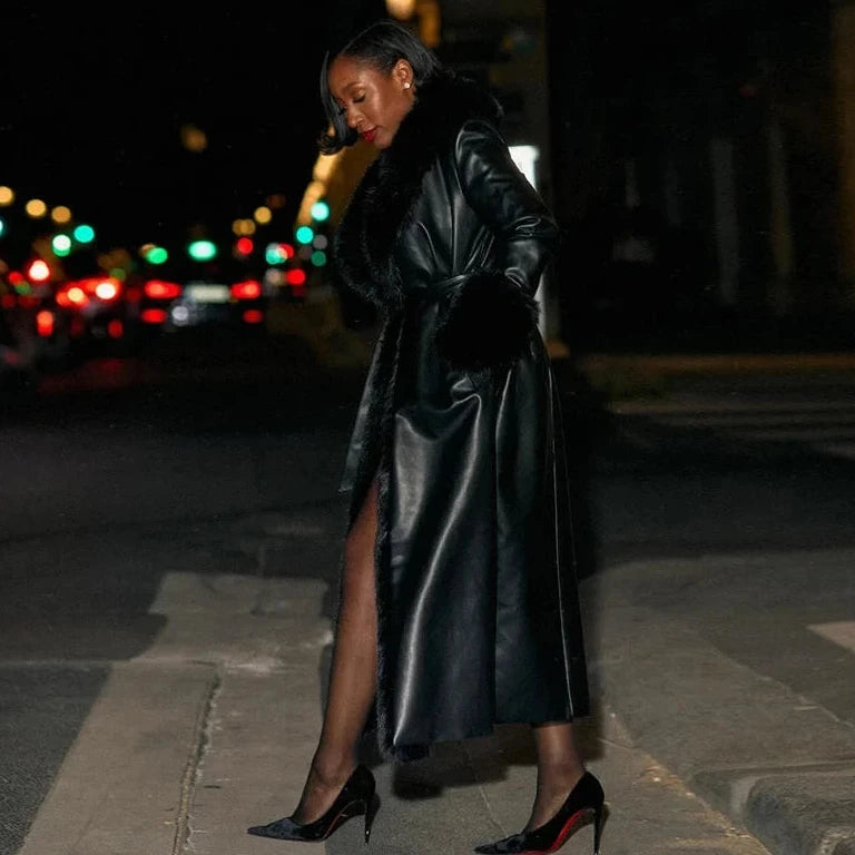 🍒Black faux leather womens coat trench fur coat collar & cuffs fashion belted waist coat long jacket chic streetwear Go On A Poodle Walk