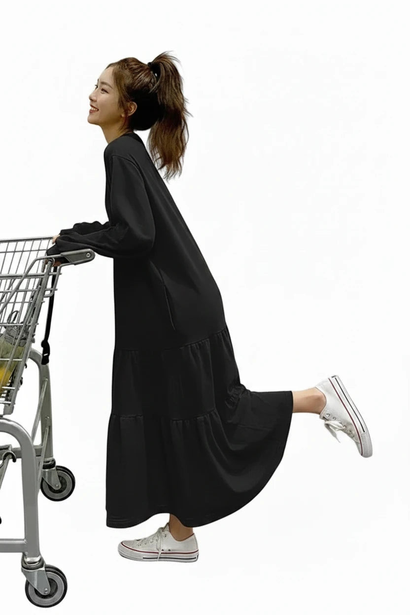 🍒Oversized dress solid color loose outfit long sleeve maxi fashion for women o-neck a-line outfits casual wear Feel Good Tiers Of Joy
