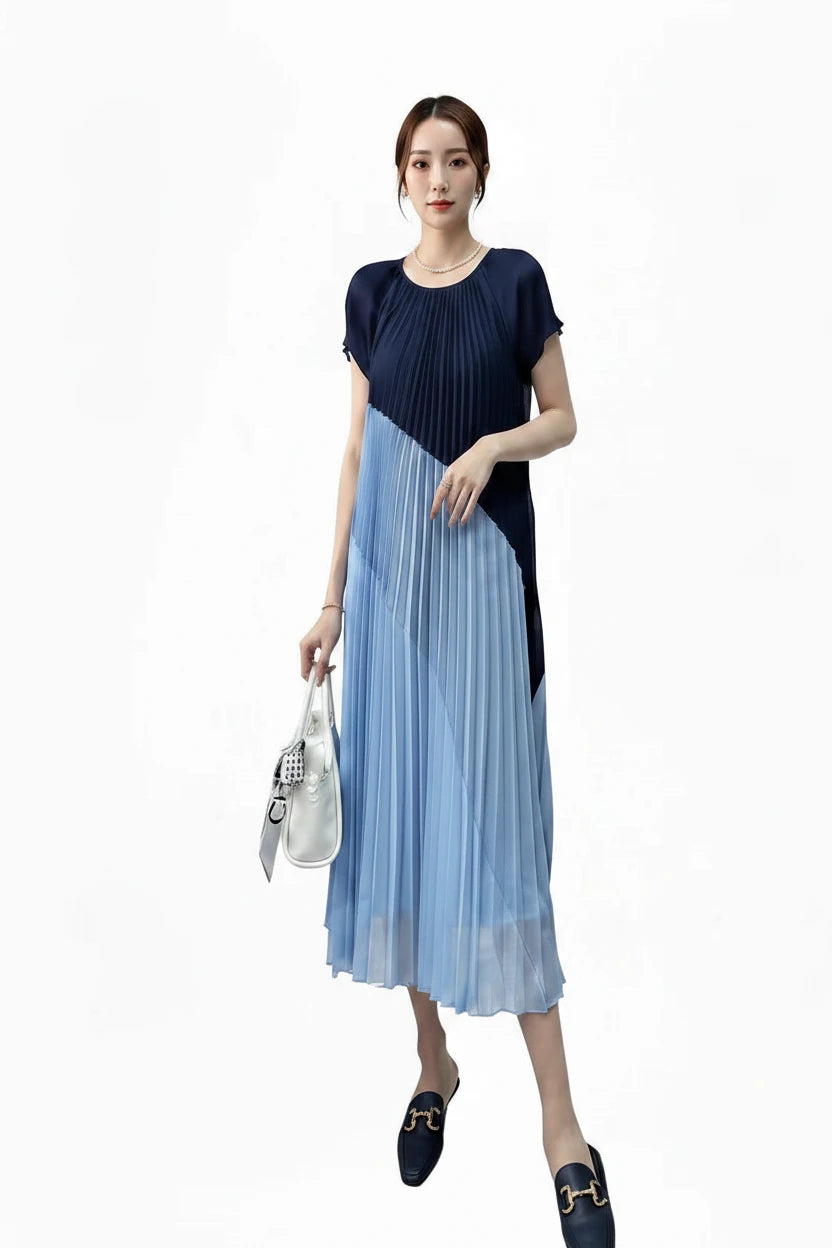 🍒Mid length dresses for women casual outfit short sleeve smart three-residence series round neck clothes fashion pleated loose waist summer wear Angle To A Diagonal