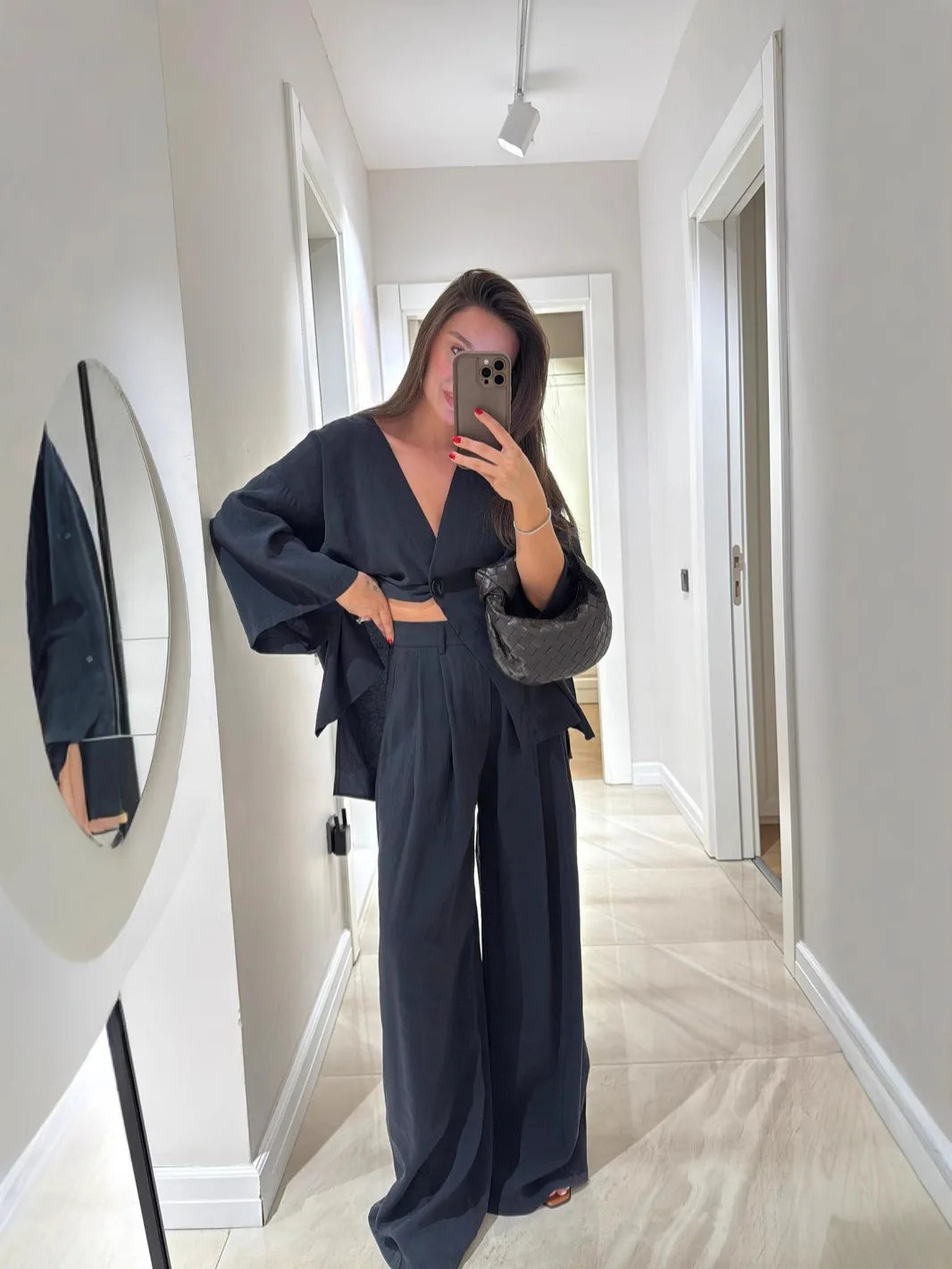 🍒Informele broekpak vir vroue, elegante langmou-uitrusting, enkelkleur wyebeenbroek en baadjie-stel, lente somer mode los tweestuk-partytjie-pajamas