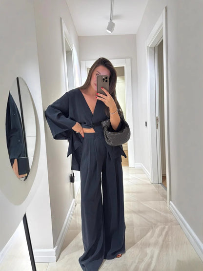 🍒Informele broekpak vir vroue, elegante langmou-uitrusting, enkelkleur wyebeenbroek en baadjie-stel, lente somer mode los tweestuk-partytjie-pajamas