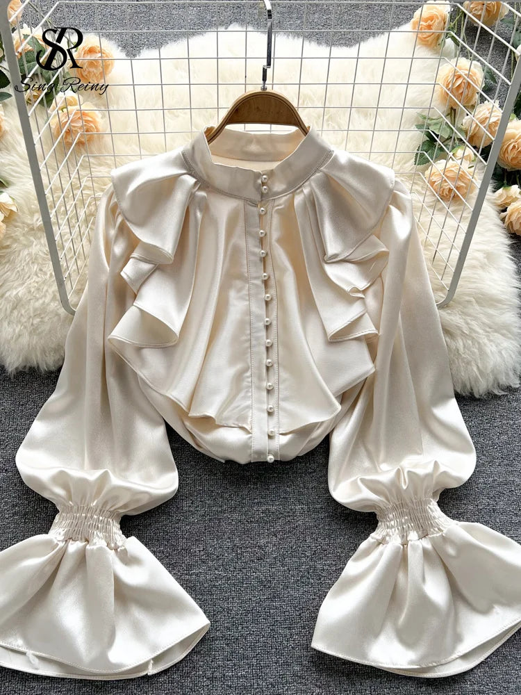 🍒高品质缎面衬衫 宽松泡泡袖喇叭袖荷叶边衬衫 派对服 串珠上衣 女式柔美通勤装 少女珍珠