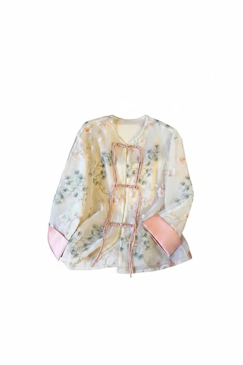 🍒Shirt jacket for women Light outer for women chinese style jacket chiffon embroidery Jacquard tie light cover up sunscreen cardigan Summer beach coverup for occasion and casual coverup See Through The Day
