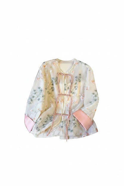 🍒Shirt jacket for women Light outer for women chinese style jacket chiffon embroidery Jacquard tie light cover up sunscreen cardigan Summer beach coverup for occasion and casual coverup See Through The Day