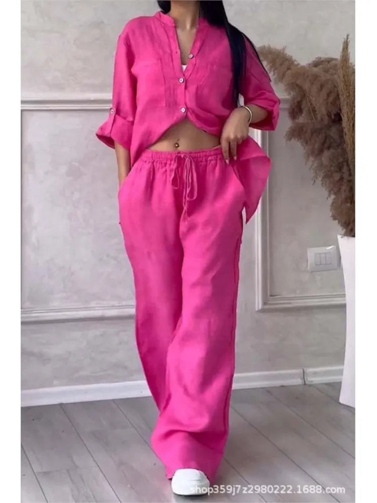 🍒two piece sets casual long sleeve womens shirt with pockets and fashion loose wide leg pants outfit smart casual clothes         Ba-sick
