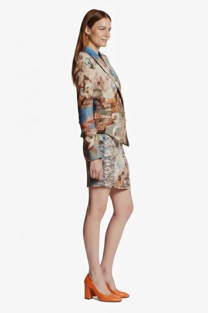 🍒Womens vintage printed blazer long sleeve button Jacket plus cross lace-up mini slim skirts sets evening wear clothing cherub classic print suit occasion party wear CROSS out boring SUITs on your list and get CLASSIC