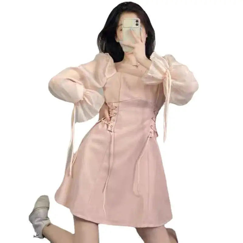 🍒Pienk rokke vroue lente somer lieflingneklynuitrusting a-lyn mini rok met pofmoue kantopryg trekkoordkante middel vroulike mode A- Pragtige Pienk