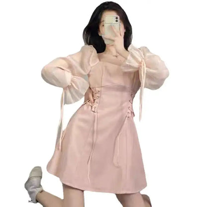 🍒Pienk rokke vroue lente somer lieflingneklynuitrusting a-lyn mini rok met pofmoue kantopryg trekkoordkante middel vroulike mode A- Pragtige Pienk
