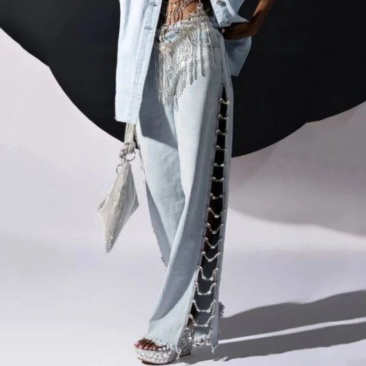 🍒Jeans met splete aan die kant en los pasvorm, kristalketting, wye pyp, baggy denim jeans, hoë middellyf, uitgesnyde somerbroek, vroue denim broek, y2k straatdrag, klubdrag, Diamant Denims