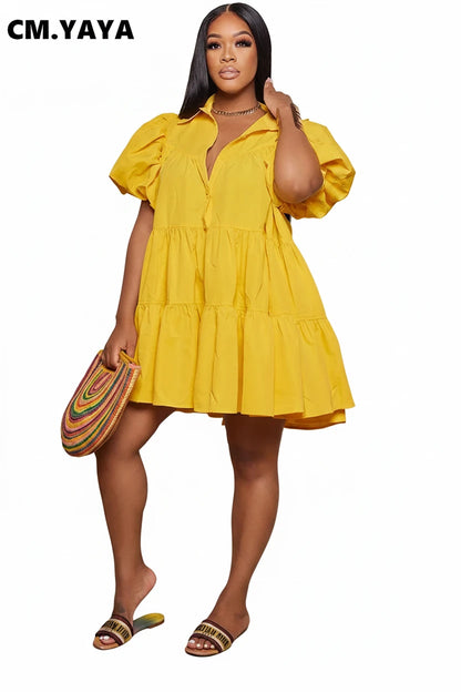 🍒Puff sleeve dress baby doll style single breasted lapel collar dress women mini outfit big swing loose smock dress  Get Puffed Out In A Swing