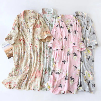 🍒Womens pyjama nightie cotton viscose comfy cardigan nightdress loose fit short sleeve nightgown floral print night wear sleep dress Comfort Cool