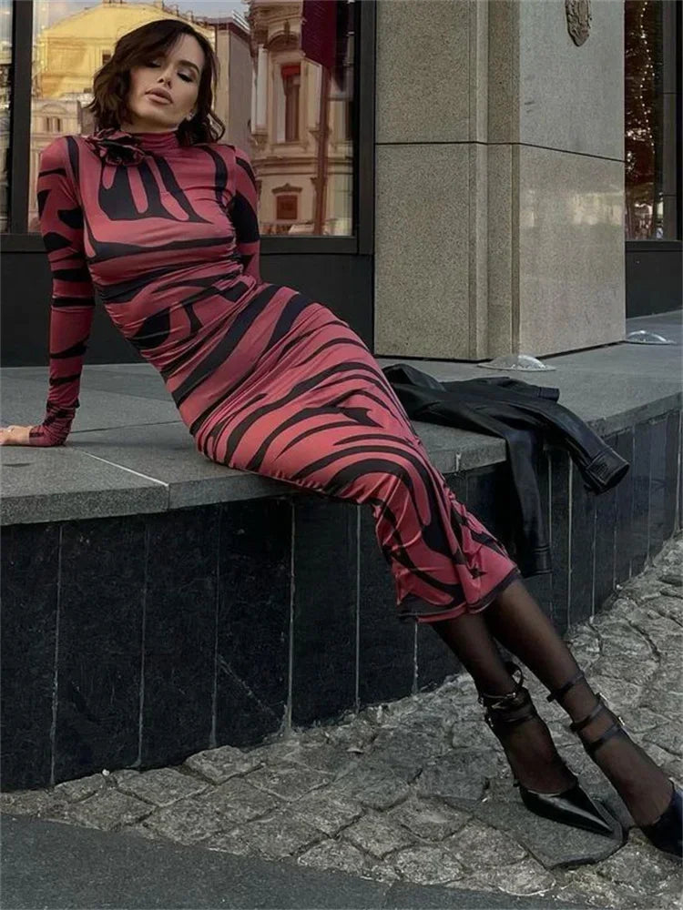 🍒Rooi gestreepte lang rok dames noupassende skilpadnek sebraprint maasuitrusting klubdrag partytjie geleentheidsdrag klere                       Catwalk Your Tiger