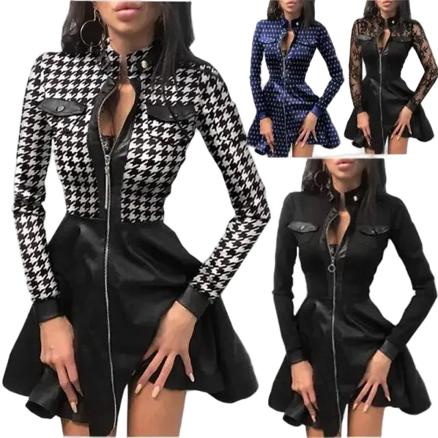 🍒Pu leerrok vir vroue kant gaas mou gemengde media mode partytjie rok mini elegante opstaande nek kraag a-lyn uitrusting Mooi Plaid Pu