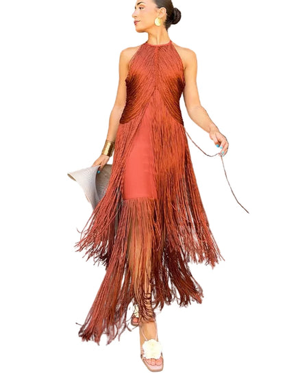🍒Multi-layer tassel dress women's solid o-neck sleeveless cocktail dress elegant female fashion ball party outfit occasion wear club wear holiday beach party wear No Tossle Tassle
