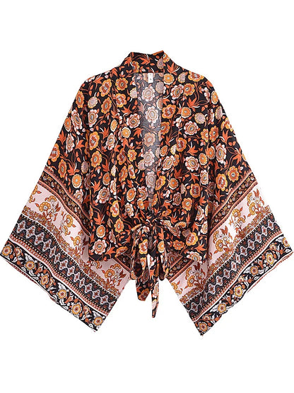 🍒Boho kimono vintage womens fashion short beach swimsuit robe floral clothing batwing sleeve top rayon bohemian bikini cover Ups Beachwear summer clothes Cool Cover