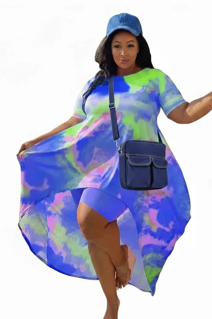 🍒Plus size shorts sets for Women summer holiday two piece tie dye long style top shorts Leggings Outfits Summer Up In Colour