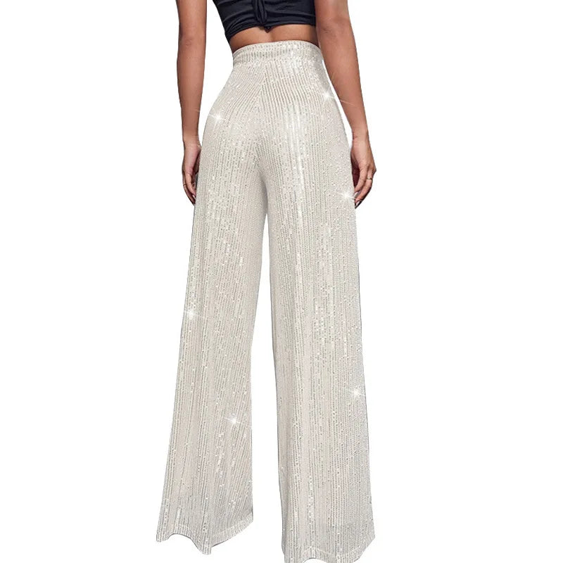 🍒Hoë middellyf sequin-broeke vonkel los gemaklike wyepypbroek klokonderkant-broeke glinster klubdrag partytjiedrag Alles Vonkel In Glans En Glans