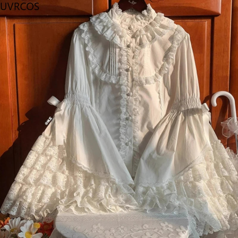 🍒Ruffle flare sleeve shirt with bow on sleeve sweet blouse Y2k aesthetic designer lace patchwork top white loose feminine clothes smart casual party occasion wear Great Simply Ornate