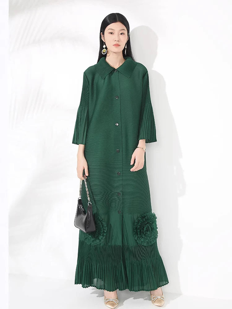 🍒Loose women's dress high-end chic lapel outfit with flared sleeves 3d floral fashion maxi  single breasted coat dress party occasion wear Flowers At Your Feet frock