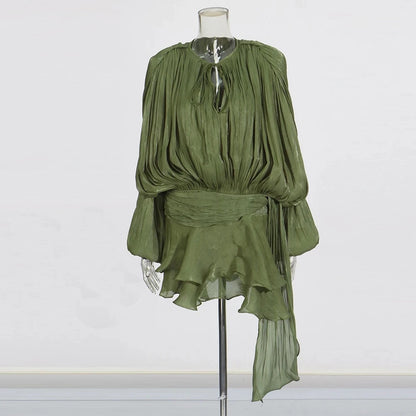 🍒Soliede dasnekrok met hoë middellyf en ruffle vir vroue, langmou mini-partytjieklere, klubdrag, geleentheidsklere, vroulike mode, Swier In Ruffles