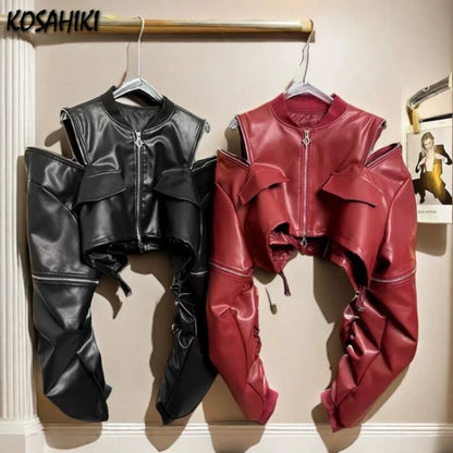🍒pu cold shoulder leerbaadjie Y2K estetiese straatklere buiteklere los modes vroue soliede mode vroulike kort jas Bly snoesig in 'n koue skouerjas