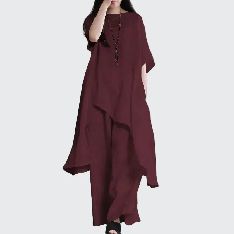 🍒Two-piece set for women shirts and pants outfit holiday cotton linen style wide leg trousers and asymetric top short sleeve blouse suit summer clothing  Layback Loose Linen-y Lovely