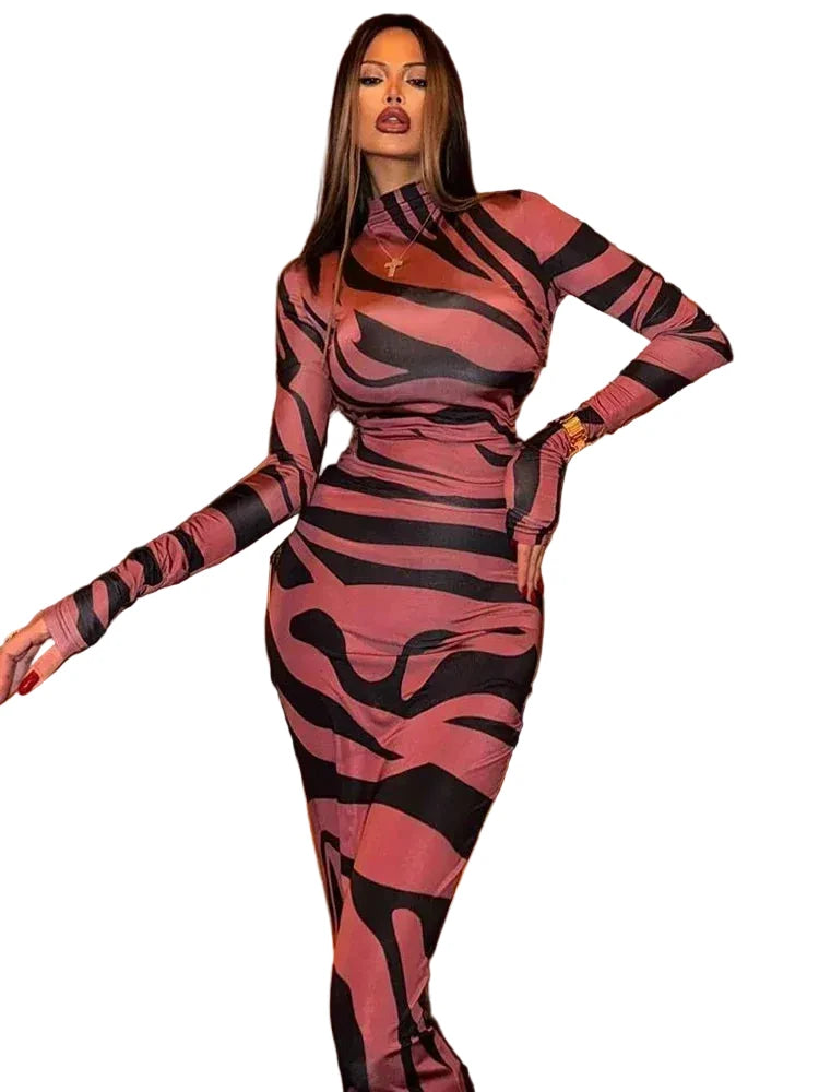 🍒Rooi gestreepte lang rok dames noupassende skilpadnek sebraprint maasuitrusting klubdrag partytjie geleentheidsdrag klere                       Catwalk Your Tiger