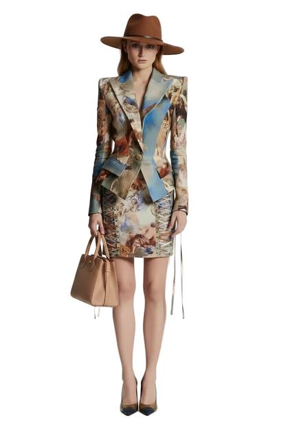 🍒Womens vintage printed blazer long sleeve button Jacket plus cross lace-up mini slim skirts sets evening wear clothing cherub classic print suit occasion party wear CROSS out boring SUITs on your list and get CLASSIC