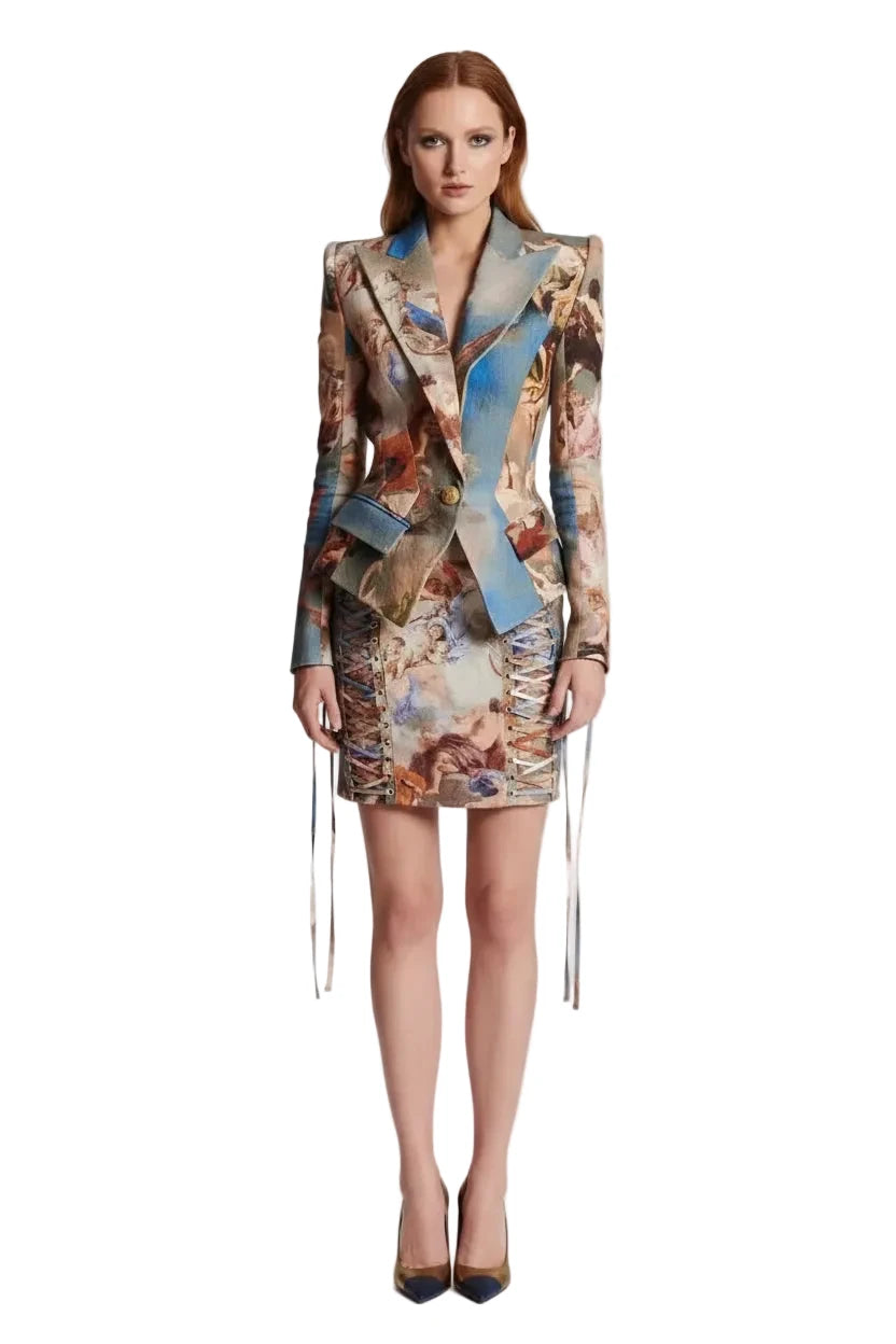 🍒Womens vintage printed blazer long sleeve button Jacket plus cross lace-up mini slim skirts sets evening wear clothing cherub classic print suit occasion party wear CROSS out boring SUITs on your list and get CLASSIC