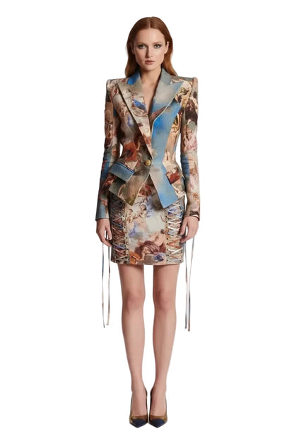 🍒Womens vintage printed blazer long sleeve button Jacket plus cross lace-up mini slim skirts sets evening wear clothing cherub classic print suit occasion party wear CROSS out boring SUITs on your list and get CLASSIC