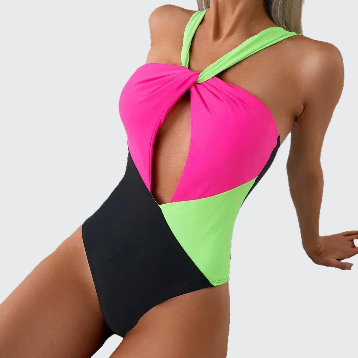 🍒Modieuse swemdrag eenstuk poelswemklere vir vroue Ruglose swemklere met uitsny-kruiskleur swembroek Tri-kleur Skouspel