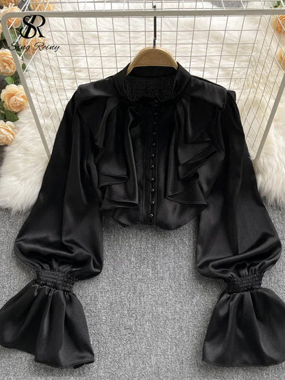 🍒高品质缎面衬衫 宽松泡泡袖喇叭袖荷叶边衬衫 派对服 串珠上衣 女式柔美通勤装 少女珍珠
