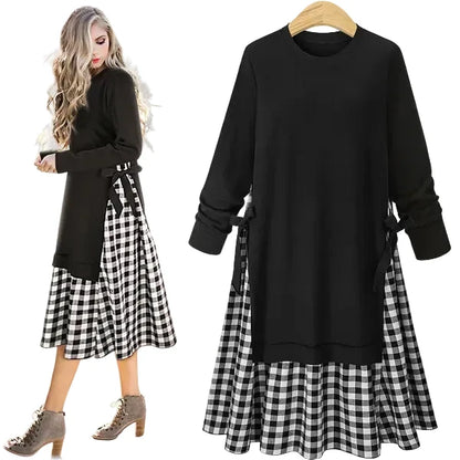 🍒Langmou rondnekrok geruite a-lyn uitrusting midi plusgrootte slim gemaklike vroue swart en wit klere Put On Plaid-attitude