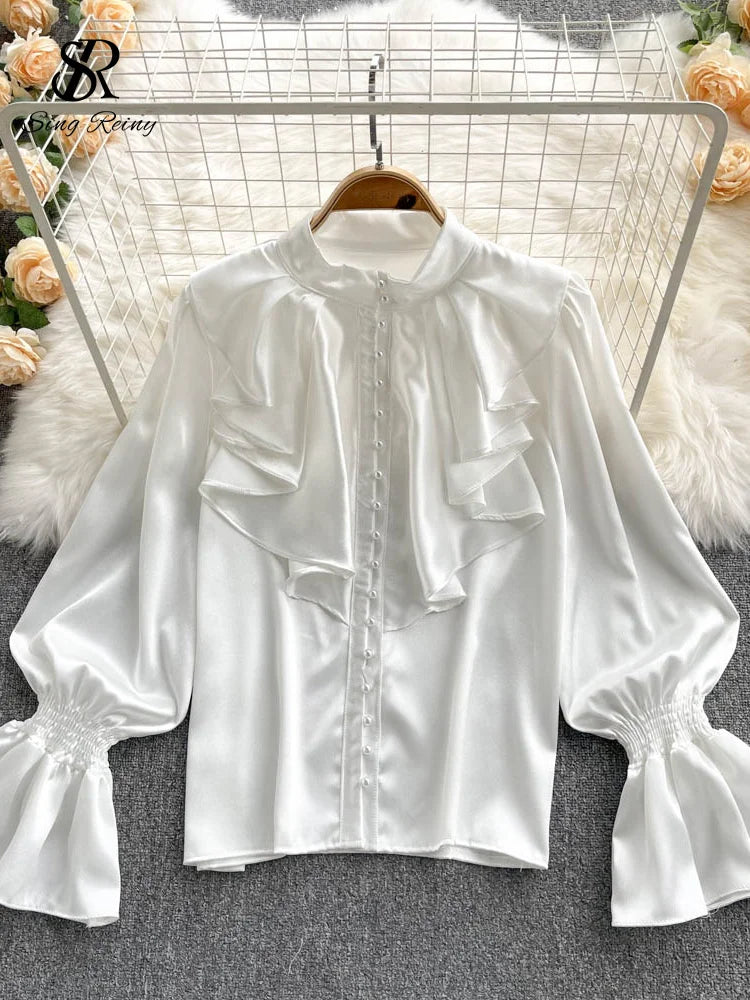 🍒高品质缎面衬衫 宽松泡泡袖喇叭袖荷叶边衬衫 派对服 串珠上衣 女式柔美通勤装 少女珍珠