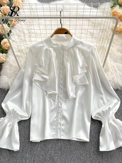 🍒高品质缎面衬衫 宽松泡泡袖喇叭袖荷叶边衬衫 派对服 串珠上衣 女式柔美通勤装 少女珍珠