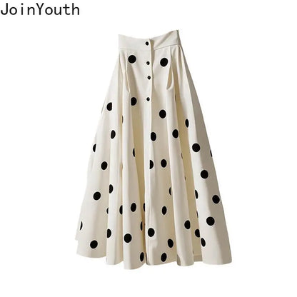 🍒White polka dot skirt midi womens high waist a-line skirt vintage outfit big swing sweet girl  fashion summer clothing smart casual wear Get In The Spotlight With Dots